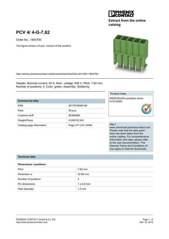 Phoenix Contact PCV 4 4-GB-7,62 Data Manual - Page 1