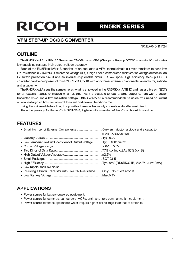 RICOH RN5RK SERIES VFM STEP-UP DC DC CONVERTER User Guide and Data Sheet - Page 1