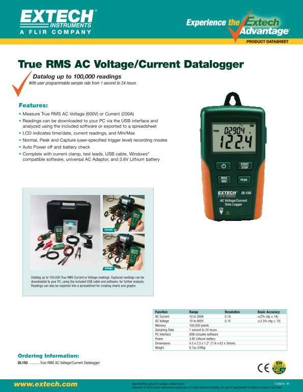 EXTECH DL150 True RMS AC Voltage & Current Datalogger User's Manual - Page 1
