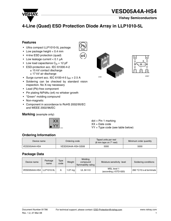 Vishay Semiconductor VESD05A4A-HS4 Specifications and User Guide - Page 1