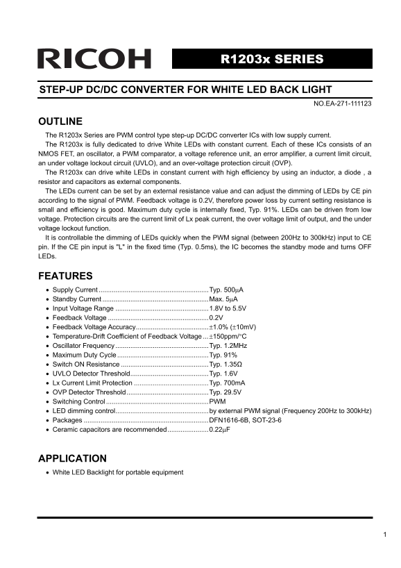 STEP-UP DC DC CONVERTER FOR WHITE LED BACK LIGHT - RICOH R1203x Series Owner's Manual, Data Sheet - Page 1