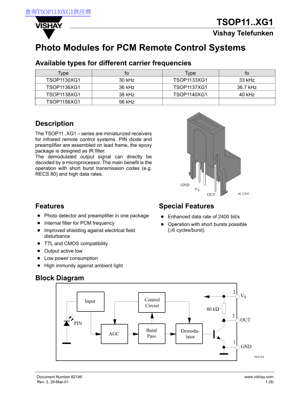 Vishay TSOP11..XG1 Data Sheet - Page 1