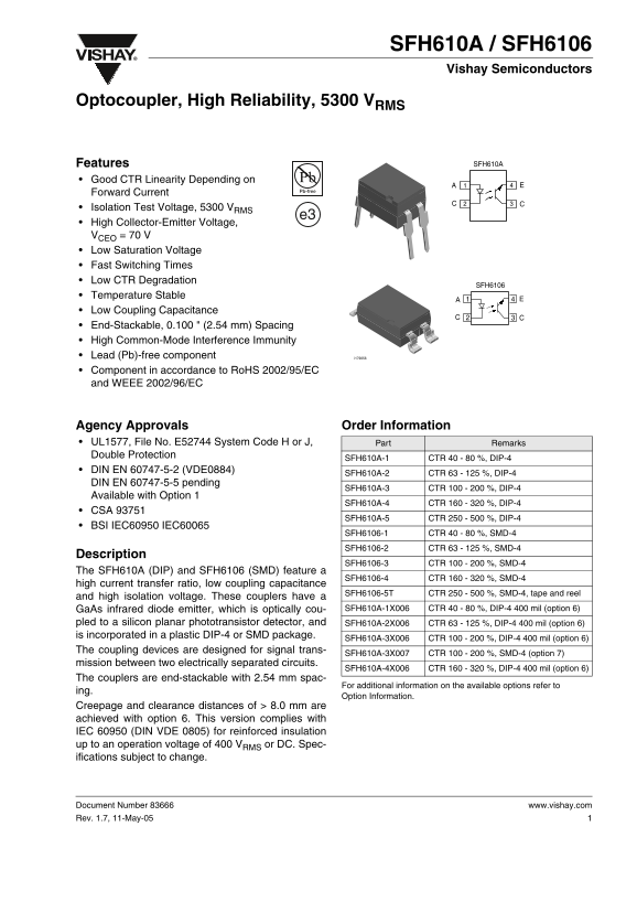 Vishay SFH610A SFH6106 Specifications and User Guide - Page 1