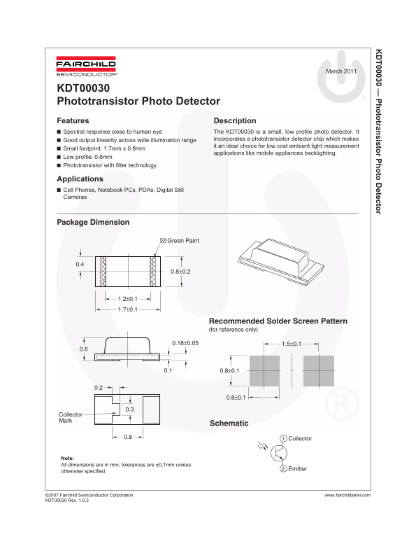 Fairchild KDT00030 Phototransistor Photo Detector Data Sheet - Page 1