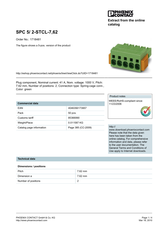 Phoenix Contact SPC 5 2-STCL-7,62 Data Sheet / Manual - Page 1
