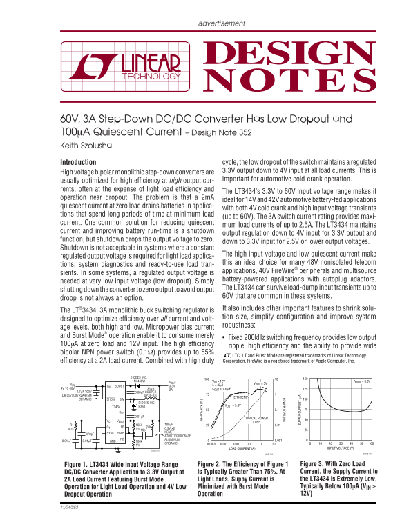 LINEAR 60V, 3A Step-Down DC DC Converter with Low Dropout and 100µA Quiescent Current – Design Note 352 - Page 1