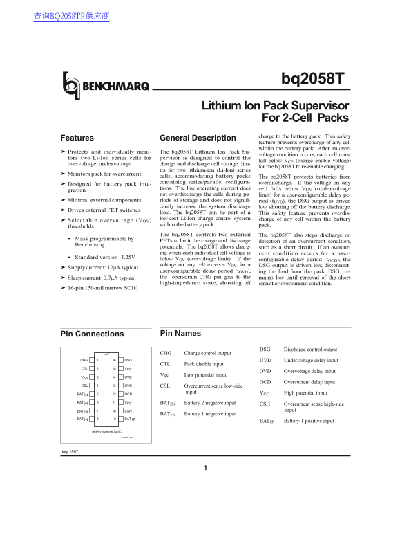 Texas Instruments bq2058T Data Handbook (1) Specifications User Guide - Page 1