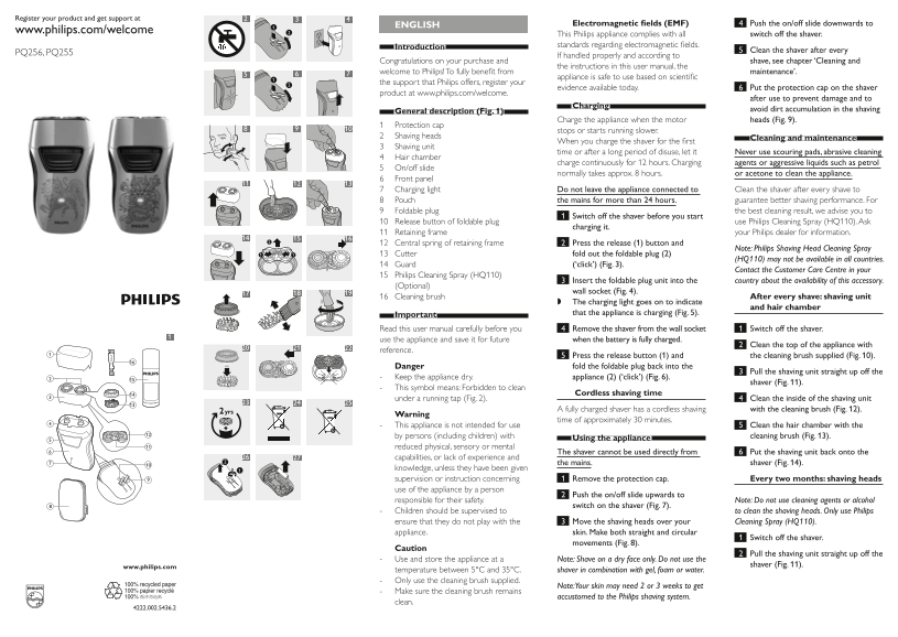 Philips Electric Shaver PQ256 18 Product Support & User's Guide - Page 1