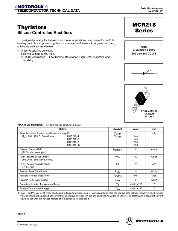 Motorola MCR218 Series Data Sheet User Manual - Page 1