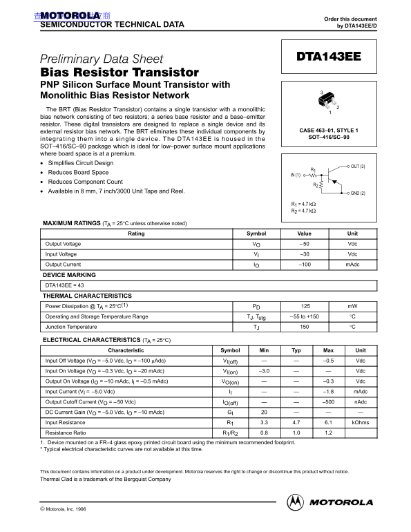 Motorola DTA143EE Data Sheet - Page 1