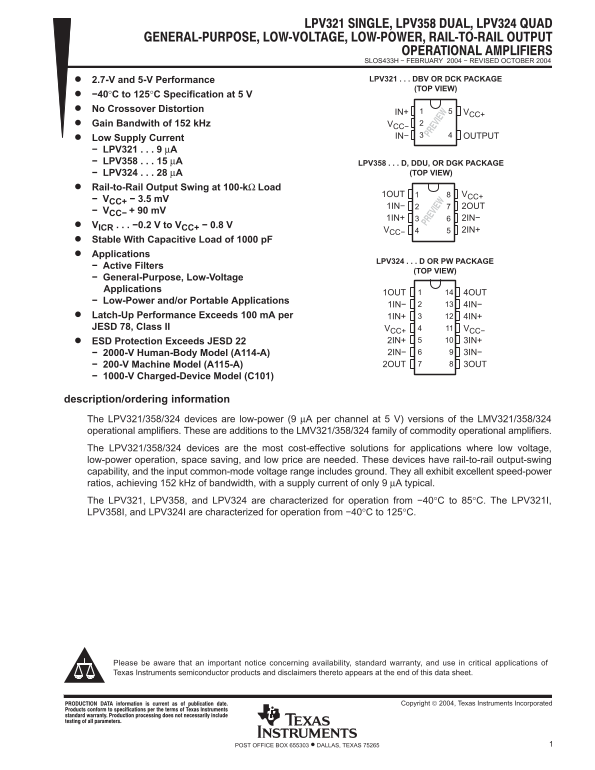 Texas Instruments LP321, LP358, LP324 Data Sheet - Page 1