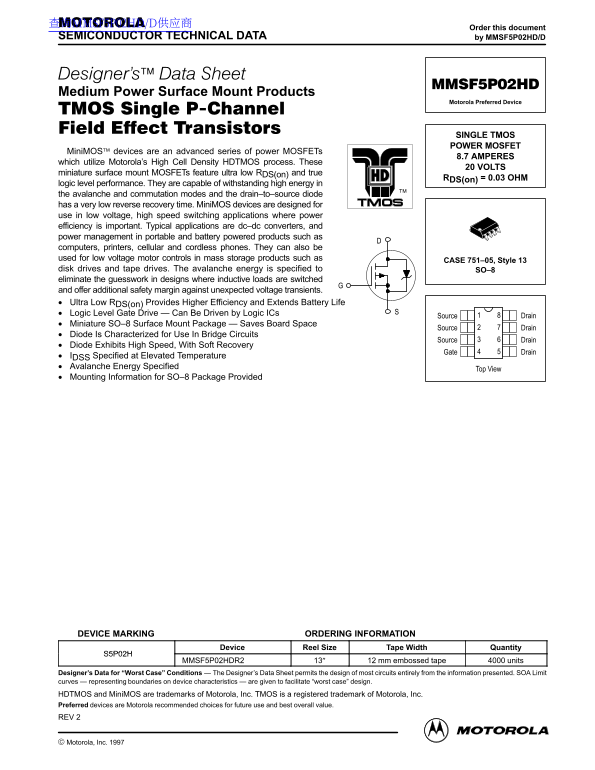 MOTOROLA MMSF5P02HD Data Sheet/Manual - Page 1