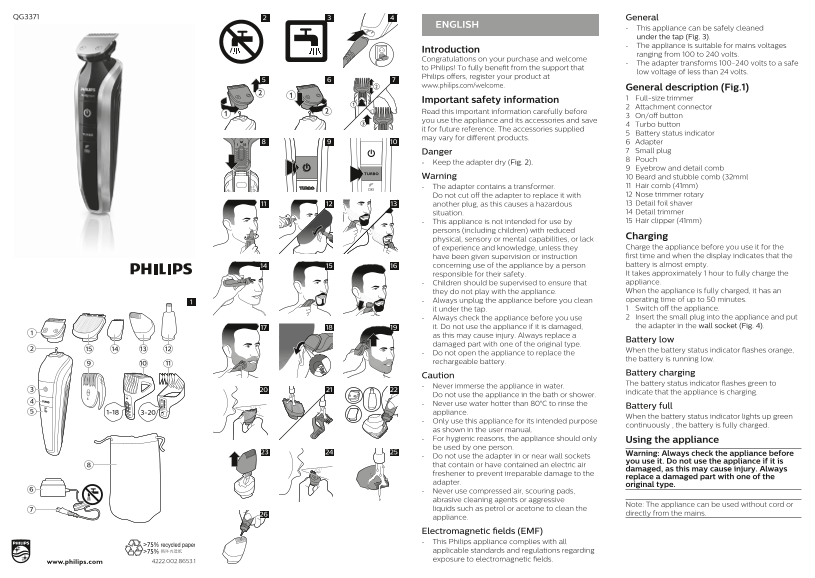 Philips Multigroom series 5000 8-in-1 Hair and Beard Trimmer QG3371 User Manual & Product Support - Page 1