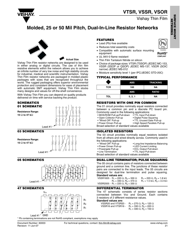 Vishay VTSR VSSR VSOR Molded, 25 or 50 Mil Pitch, Dual-In-Line Resistor Networks Owner's Manual and User Guide - Page 1