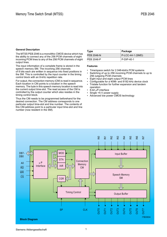Siemens MTSS PEB 2046 Memory Time Switch Small User Guide and Manual - Page 1