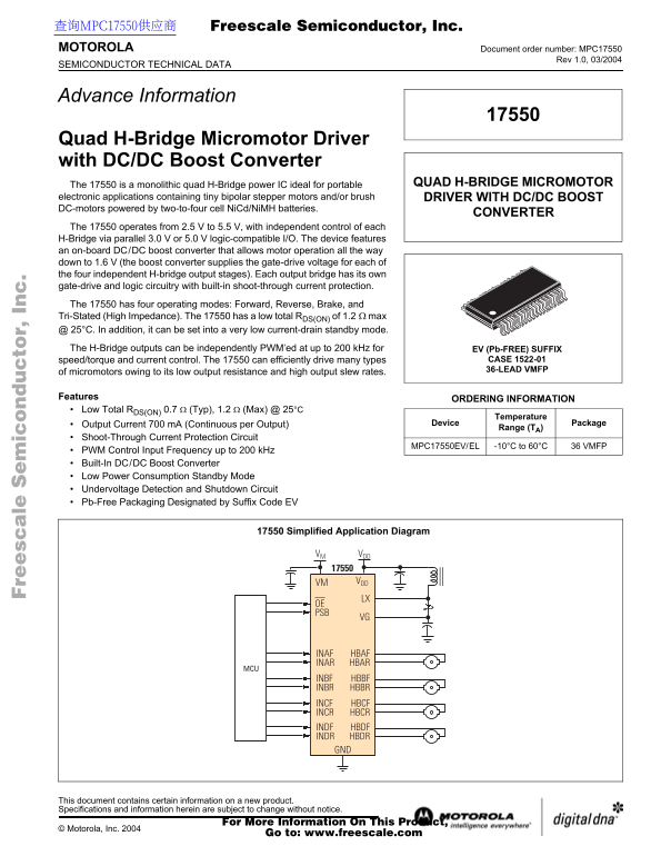 Motorola 17550 Quad H-Bridge Micromotor Driver with DCDC Boost Converter User Manual and Data Sheet - Page 1
