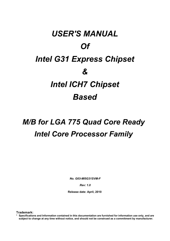 Intel G31 Express Chipset & Intel ICH7 Chipset Based User's Guide & Manual - Page 1