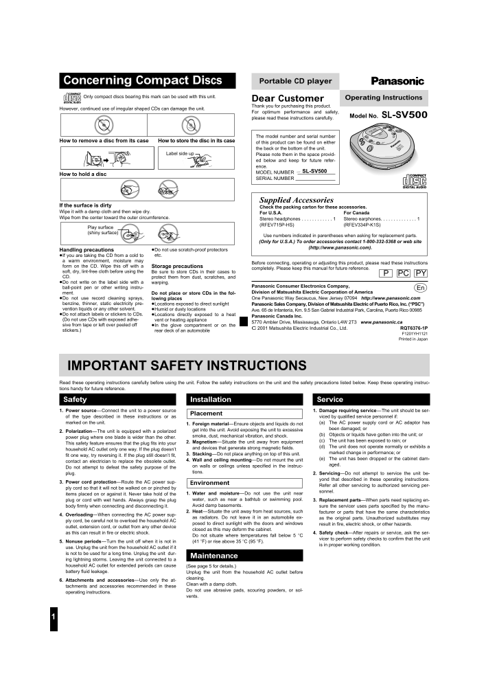 Panasonic SL-SV500 User's Manual - Page 1