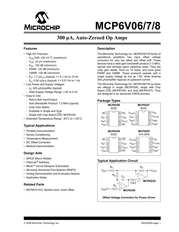 Microchip - MCP6V06: 7, 8 Data Sheet Op Amps with 300 µA Auto-Zero Current, 7 and 8 Pin Configurations Manual and User Guide - Page 1