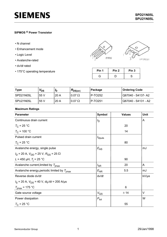 SIEMENS SPD21N05L SPU21N05L Data Sheet - Page 1
