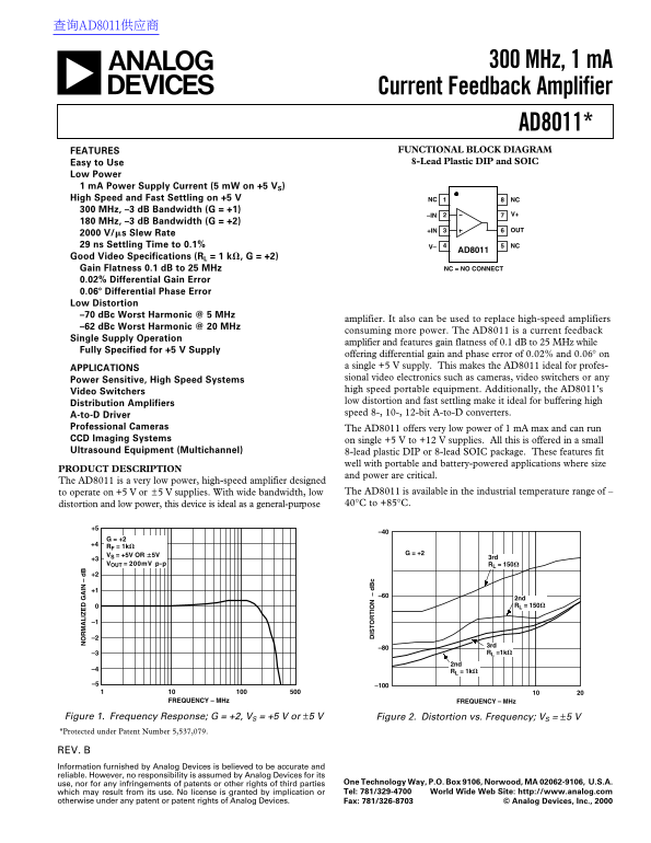 AD8011 300 MHz, 1mA Current Feedback Amplifier Data Sheet - Page 1