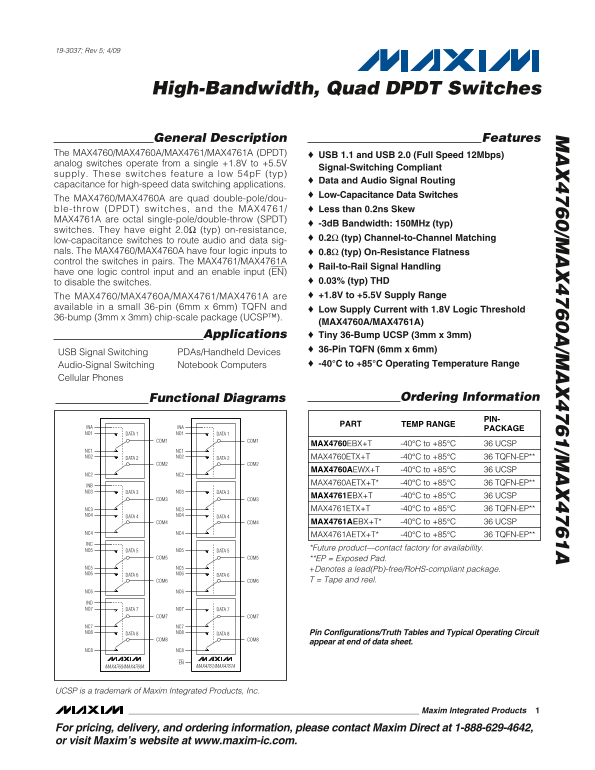 MAXIM MAX4760 MAX4760A MAX4761 MAX4761A High-Bandwidth, Quad DPDT Switches - Page 1