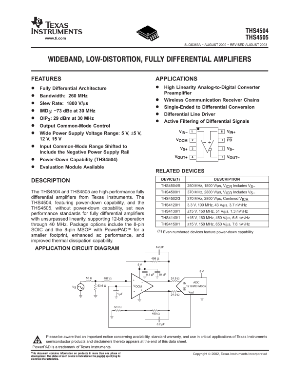 Texas Instruments THS4504 4505 Data Sheet - Page 1