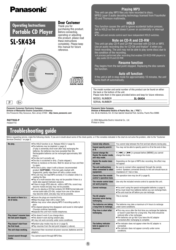Panasonic SL-SK434 User Manual - Page 1
