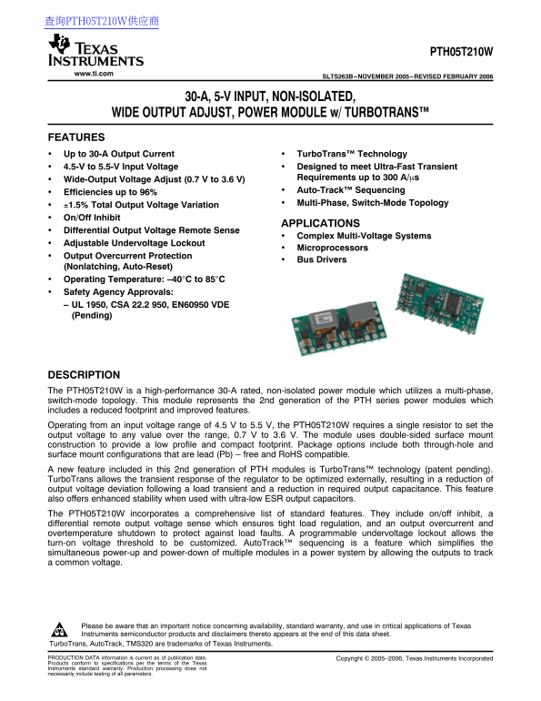 Texas Instruments PTH05T210W Data Sheet - Page 1