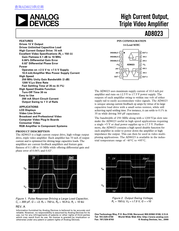 AD8023 Triple Video Amplifier with High Current Output Data Sheet - Page 1