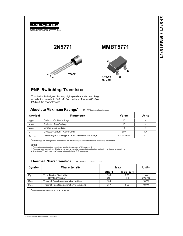 FAIRCHILD 2N5771 MMBT5771 PNP Switching Transistor Data Manual - Page 1