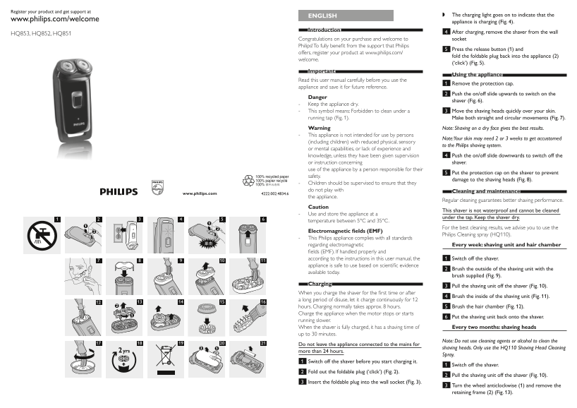 Philips Electric Shaver HQ851 16 Product Support & User Manual - Page 1