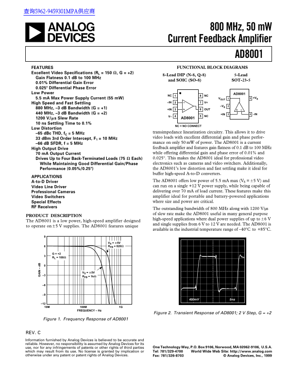 AD8001 800 MHz, 50 mW Current Feedback Amplifier Data Sheet Owner's Manual - Page 1