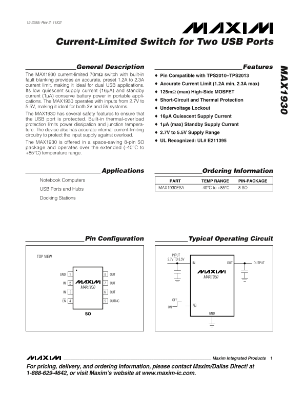 MAXIM MAX1930 Current-Limited Switch for Two USB Ports Data Sheet - Page 1