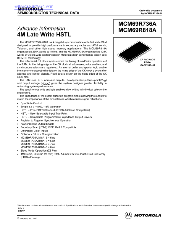 Motorola MCM69R736A•MCM69R818A Data Sheet - Page 1