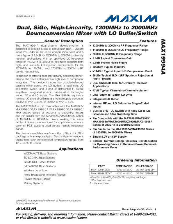 MAXIM MAX19994A Dual, SiGe, High-Linearity, 1200MHz to 2000MHz Downconversion Mixer with LO Buffer Switch - Page 1