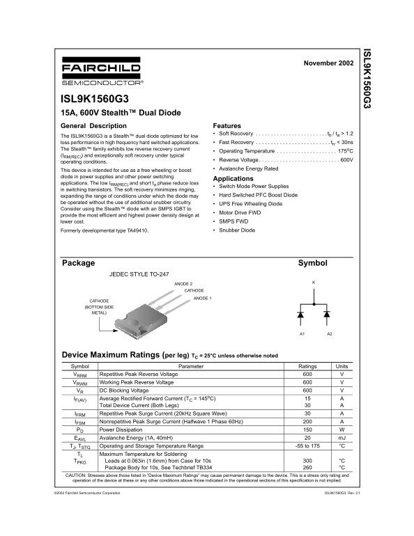 Fairchild ISL9K1560G3 15A, 600V Stealth Dual Diode Data Manual - Page 1