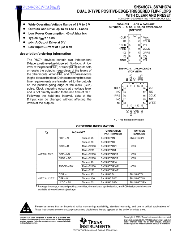Texas Instruments SN54HC74 SN74HC74 Dual D-Type Positive-Edge-Triggered Flip-Flops with Clear and Preset Data Manual - Page 1