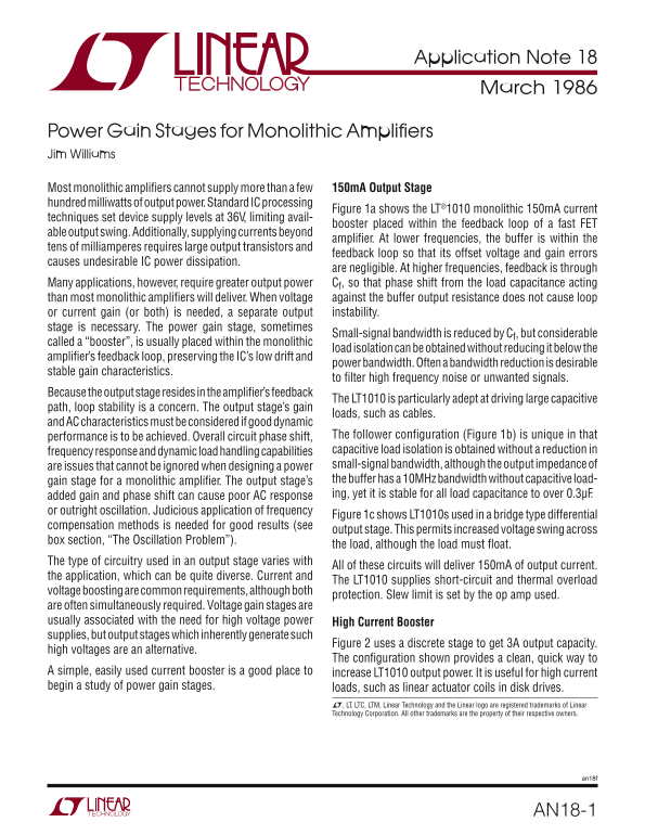 LINEAR Application Note 18: Power Gain Stages for Monolithic Amplifiers - Page 1
