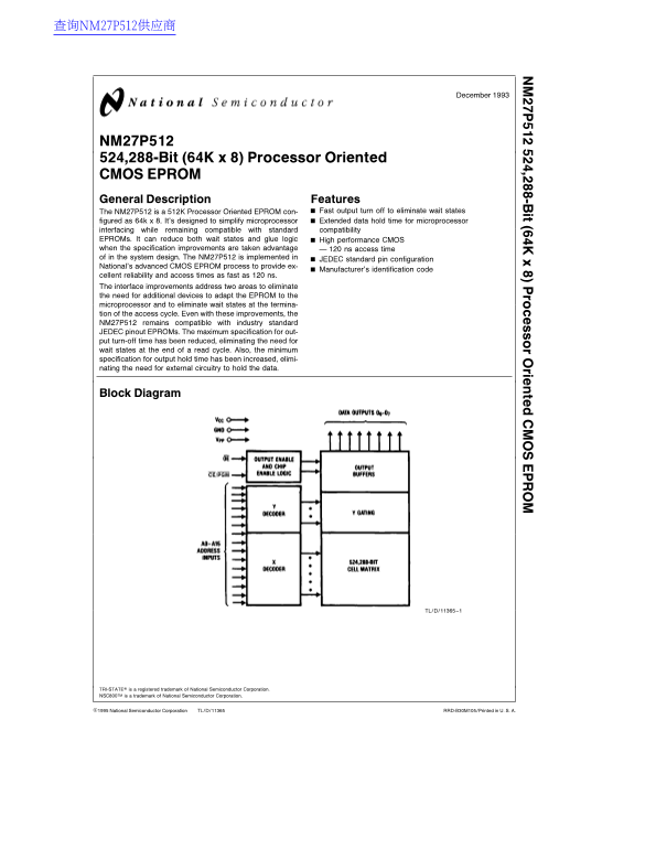 National Semiconductor NM27P512 524,288-Bit (64K x 8) Processor Oriented CMOS EPROM Data Sheet User Manual - Page 1