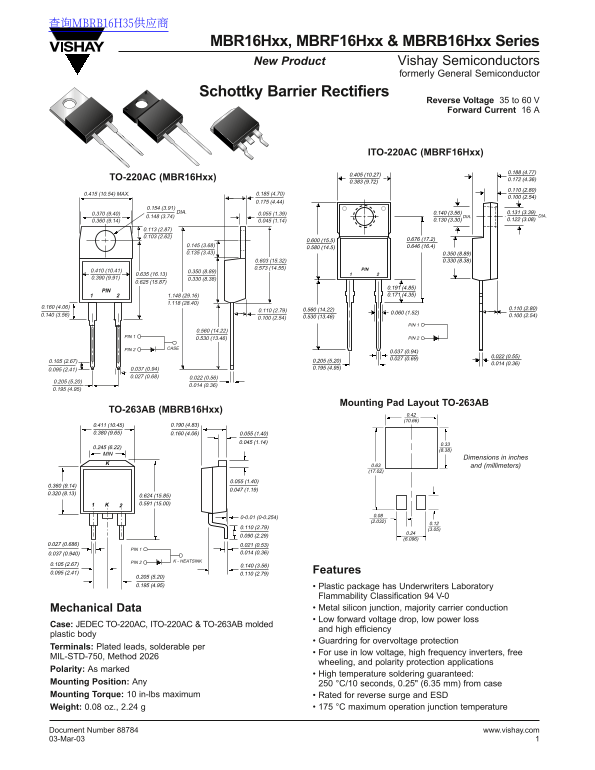 Vishay MBR16Hxx, MBRF16Hxx, MBRB16Hxx Series Data Sheet - Page 1