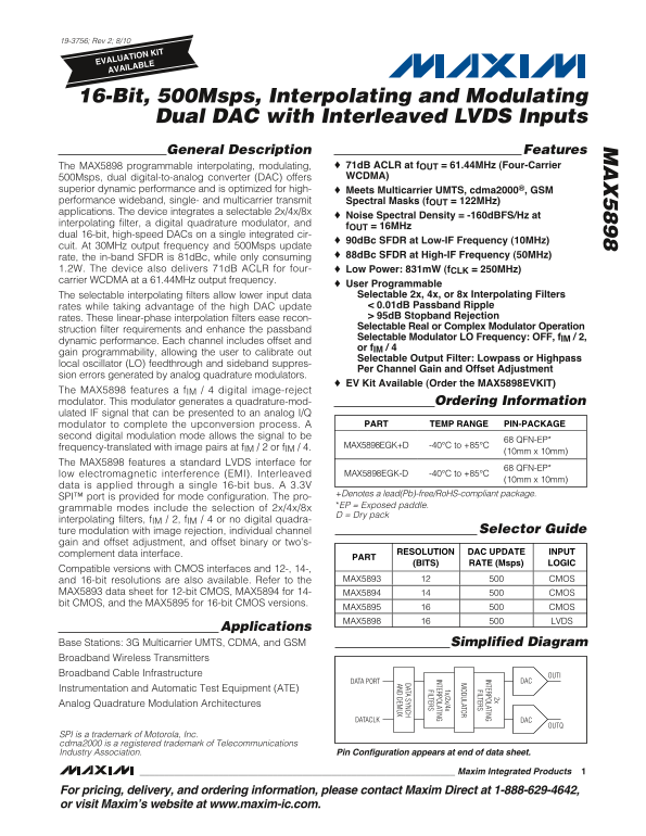 MAXIM MAX5898 16-Bit, 500Msps, Interpolating and Modulating Dual DAC with Interleaved LVDS Inputs Data Sheet - Page 1