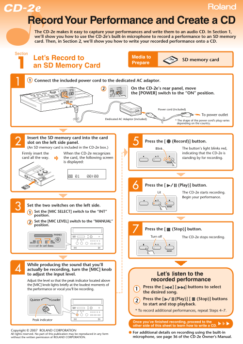 Roland Music Instrument CD-2e SD CD Recorder Quick Start User Guide - Page 1