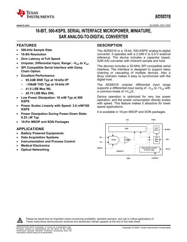Texas Instruments - ADS8318 16-BIT, 500-KSPS, SERIAL INTERFACEMicroPower, Miniature, SAR Analog-to-Digital Converter Data Sheet User Manual - Page 1