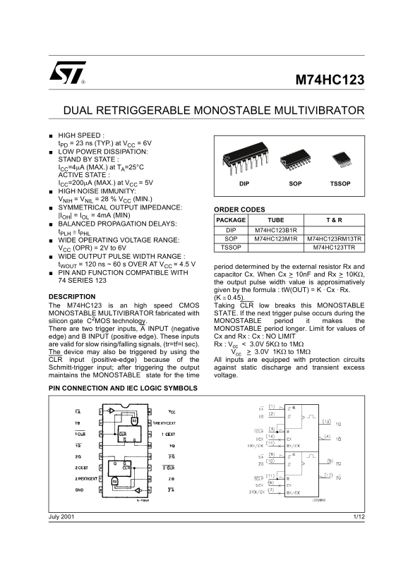 ST M74HC123 Dual Retriggerable Monostable Multi-Vibrator Data Sheet User Manual - Page 1