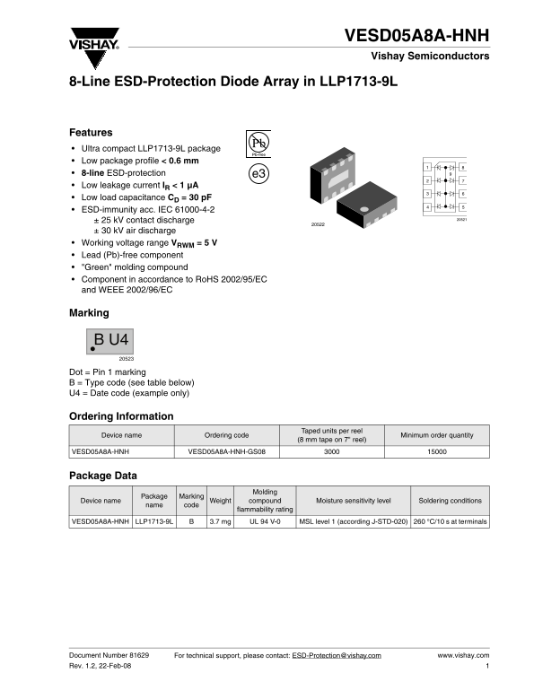 Vishay Semiconductors Vesd05a8a-hnh 8-line Esd-protection Diode Array In Llp1713-9l Data Manual - Page 1