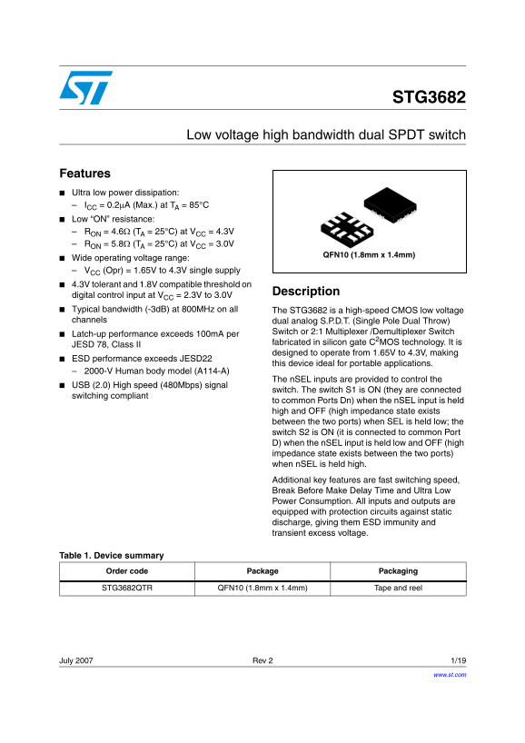 ST STG3682 Low voltage high bandwidth dual SPDT switch Data Sheet - Page 1
