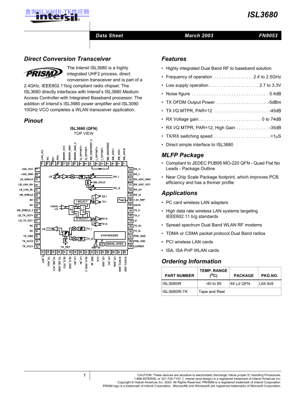 ISL3680 Data Sheet - Intel Silicon Intersil - Page 1