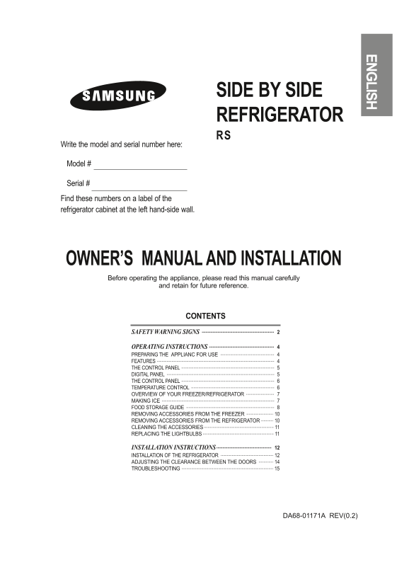 Samsung RS20NCSV User Manual for French Door Refrigerator - Page 1