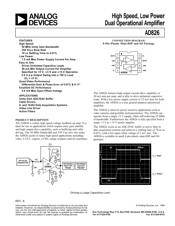 AD826 High-Speed, Low-Power Dual Operational Amplifier Data Sheet Instruction Manual - Page 1